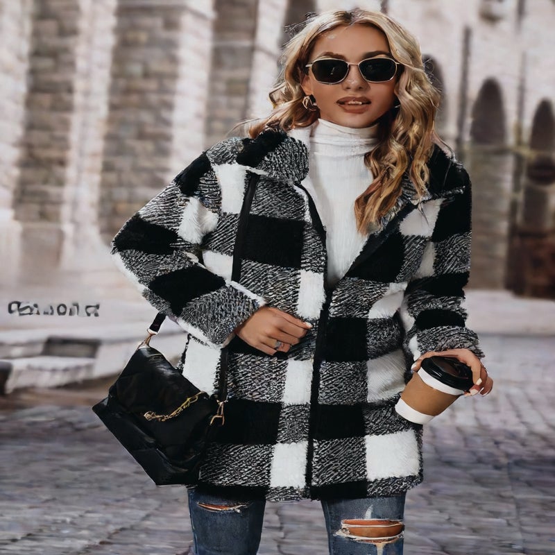 Fleece Lining Plaid Long Sleeve Zip Up Casual Long Coat - Image 4