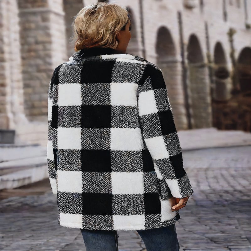 Fleece Lining Plaid Long Sleeve Zip Up Casual Long Coat - Image 5