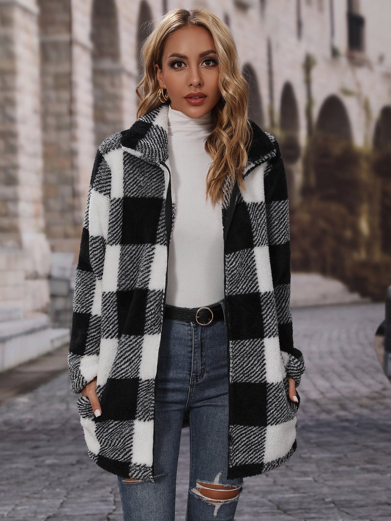 Fleece Lining Plaid Long Sleeve Zip Up Casual Long Coat - Image 1