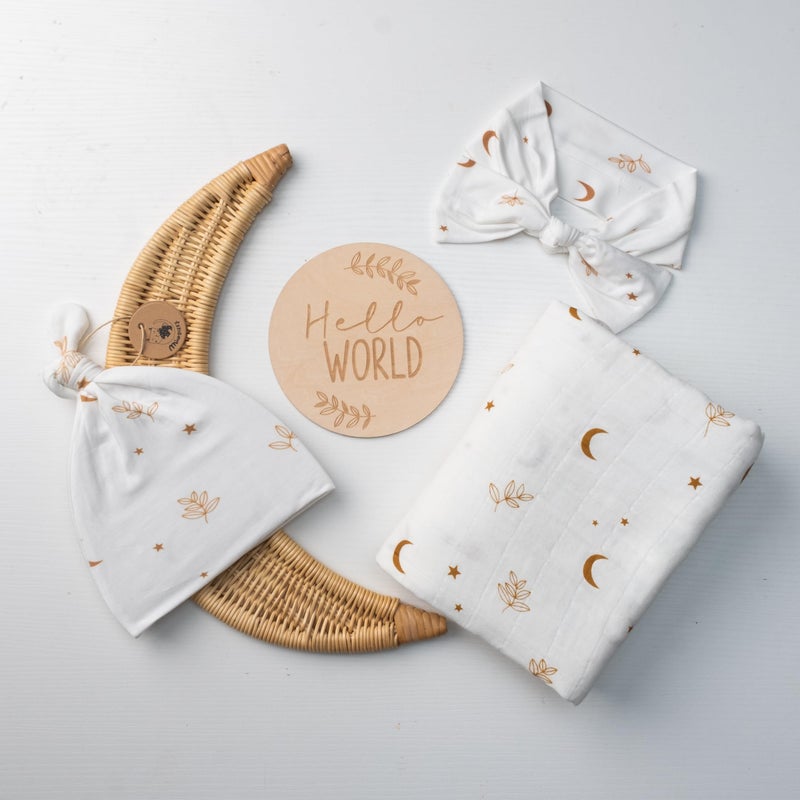 Miaoberry Organic Muslin Swaddle Blanket and Hat Set  Moon and Stars Nursery Decor  Sun  Moon Baby Hospital Receiving Outfit for Birth Announcement Newborn Photography
