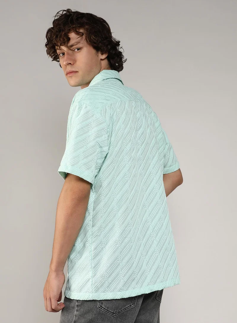 Campus Sutra Men's Mint Green Embroidered Striped Shirt