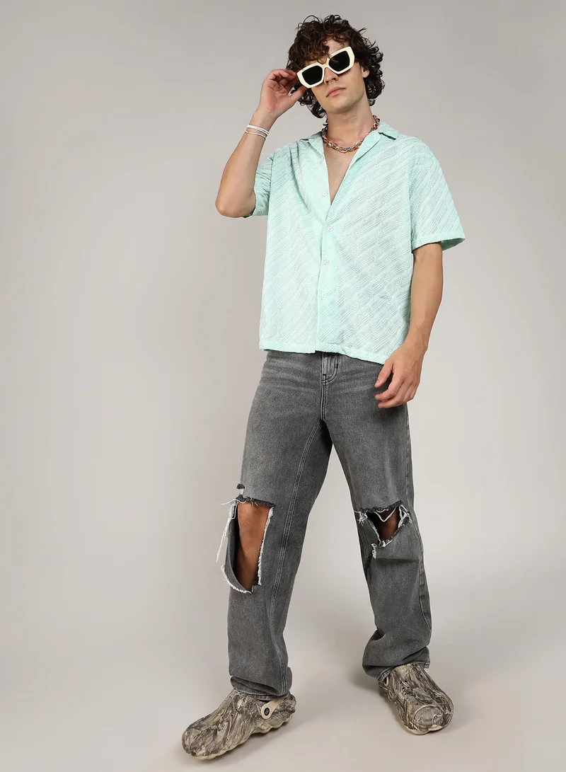 Campus Sutra Men's Mint Green Embroidered Striped Shirt