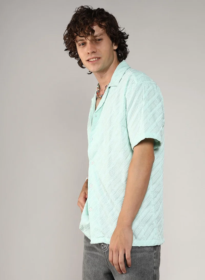 Campus Sutra Men's Mint Green Embroidered Striped Shirt