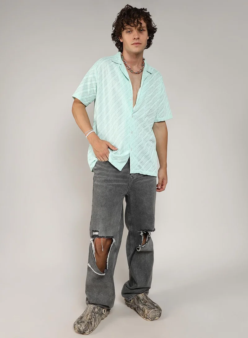 Campus Sutra Men's Mint Green Embroidered Striped Shirt