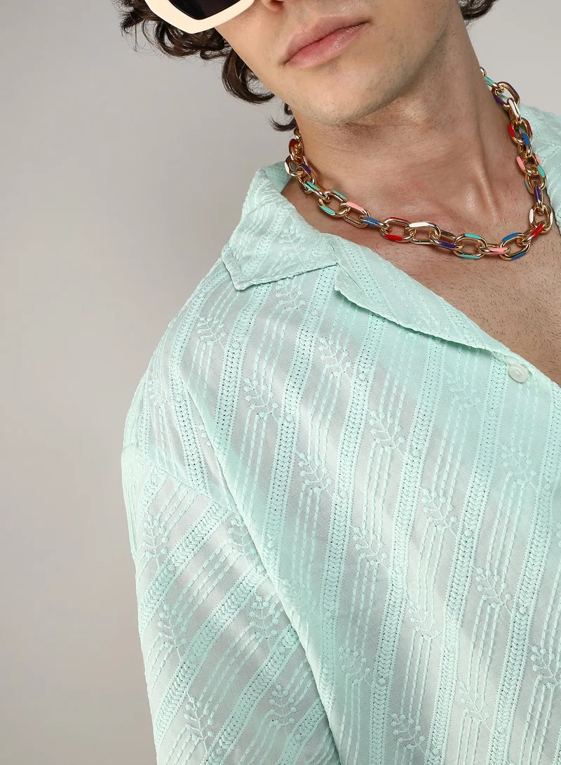 Campus Sutra Men's Mint Green Embroidered Striped Shirt