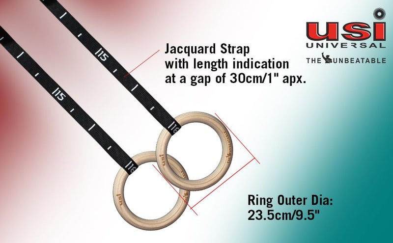USI UNIVERSAL Wood Gymnastics Rings with Cam Buckle Straps, War Wooden Gym Ring, Ring Diameter 6.7", Adjustable Strap 4.57m - Image 3