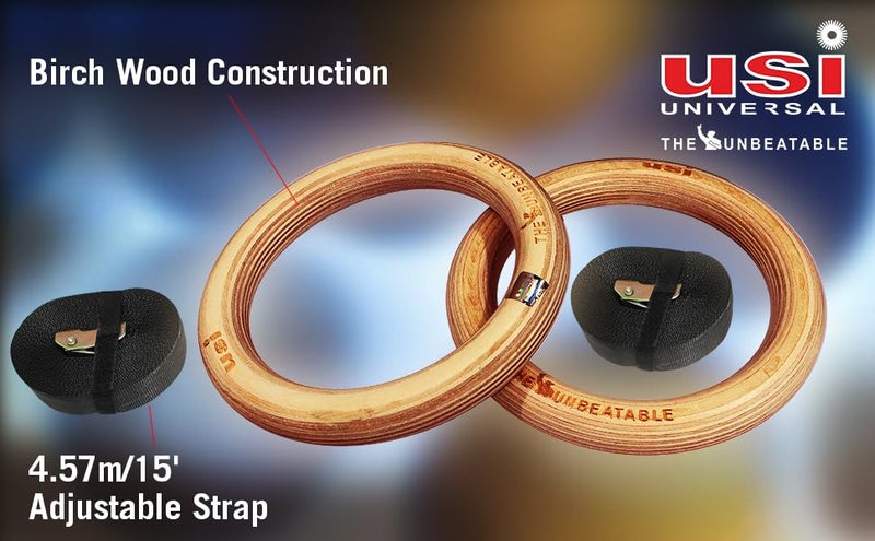 USI UNIVERSAL Wood Gymnastics Rings with Cam Buckle Straps, War Wooden Gym Ring, Ring Diameter 6.7", Adjustable Strap 4.57m - Image 2