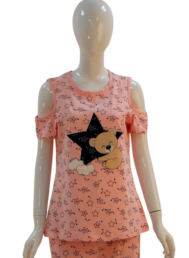 JOANNA JOANNA Women's Stars Print Off Shoulder Shirt & Long Pants Pajama Set, Light Pink - Image 2