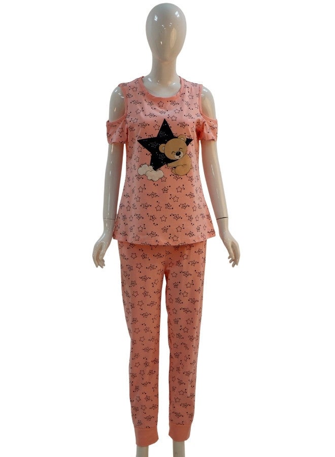 JOANNA JOANNA Women's Stars Print Off Shoulder Shirt & Long Pants Pajama Set, Light Pink - Image 1