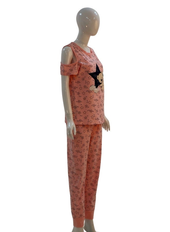 JOANNA JOANNA Women's Stars Print Off Shoulder Shirt & Long Pants Pajama Set, Light Pink - Image 4