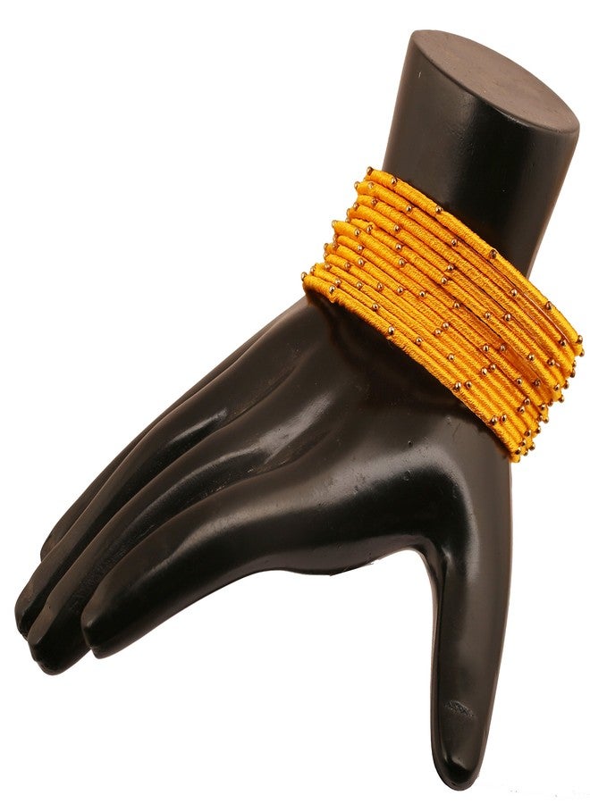 Touchstone "Silk Thread Bangle Collection" Indian Bollywood Handcrafted Faux Silk Thread with Golden Beads Exotic Look Fire Yellow Designer Bangle Bracelets Set of 12 For Women - Image 2