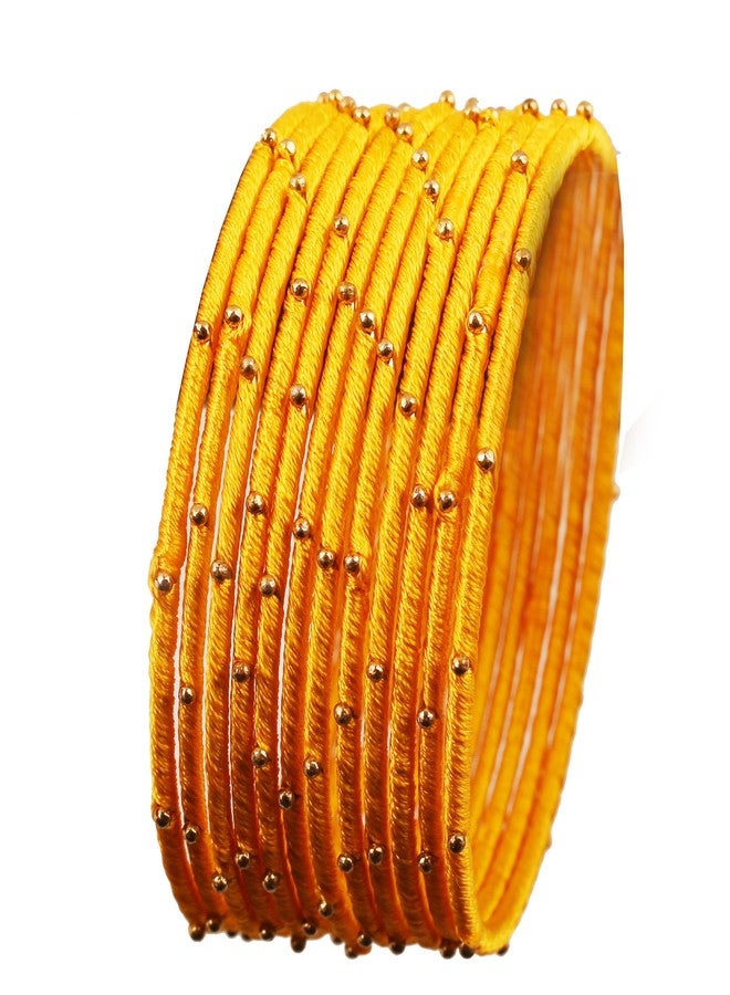 Touchstone "Silk Thread Bangle Collection" Indian Bollywood Handcrafted Faux Silk Thread with Golden Beads Exotic Look Fire Yellow Designer Bangle Bracelets Set of 12 For Women - Image 1