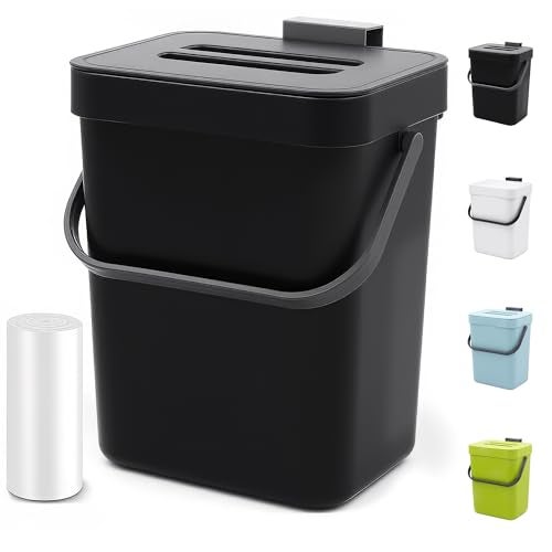 MONGTINGLU Countertop Compost Bin - 1.3 Gallons Hanging Small Trash Can with Lid for Kitchen Bathroom, Under Sink Kitchen Trash Can, Indoor Counter Compost Bucket with Lid, 5L(Black) - Image 1