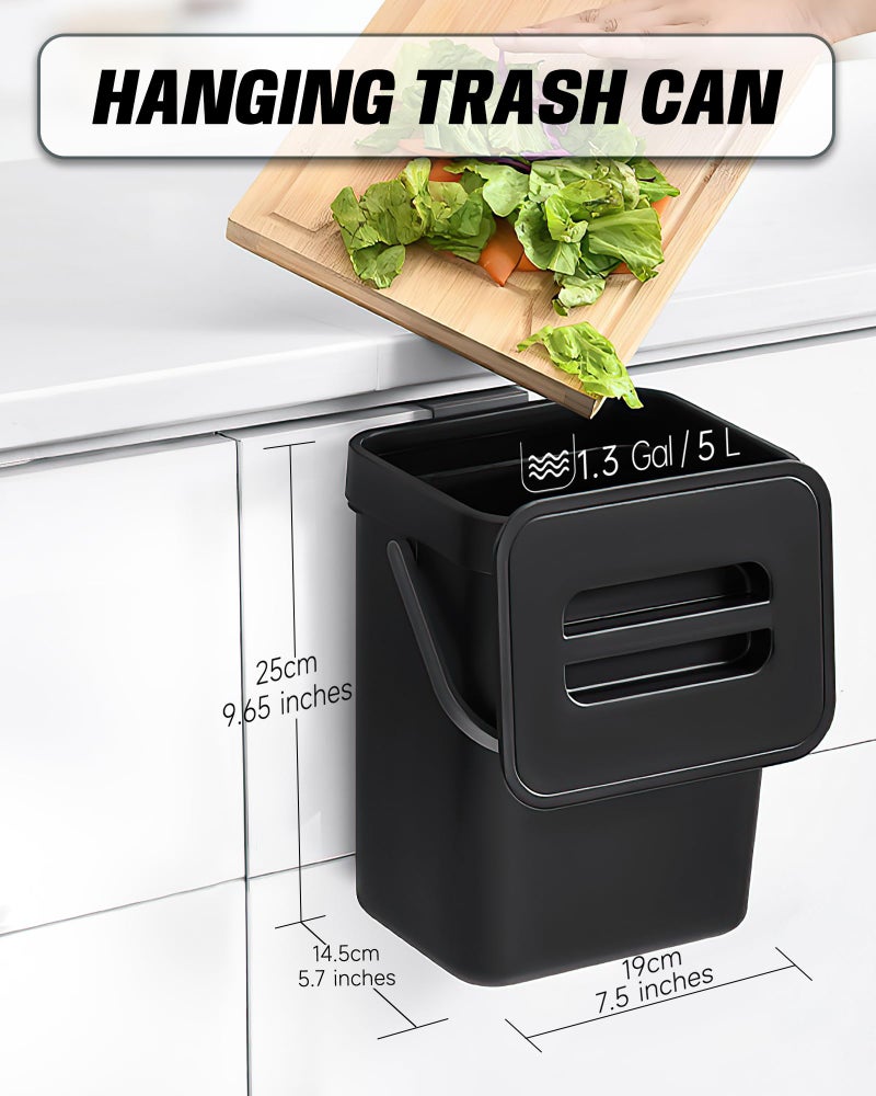 MONGTINGLU Countertop Compost Bin - 1.3 Gallons Hanging Small Trash Can with Lid for Kitchen Bathroom, Under Sink Kitchen Trash Can, Indoor Counter Compost Bucket with Lid, 5L(Black) - Image 2