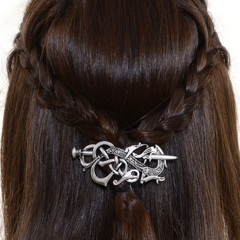 Viking Celtics Hair Accessories Hairclip-Celtic Knots Viking Hair Clip Men Vintage Antique Silver Stick Slide Hairpins Viking Jewelry Dragon Hair Decor Accessories