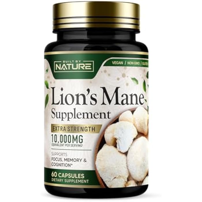 Built by Nature Lion’s Mane – Extra Strength Mushroom Supplement for Nootropic Brain Support – Focus, Memory and Cognitive Function – Non-GMO, Gluten-Free, Vegan - 60 Capsules - Image 1