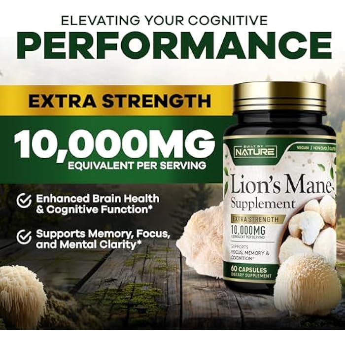 Built by Nature Lion’s Mane – Extra Strength Mushroom Supplement for Nootropic Brain Support – Focus, Memory and Cognitive Function – Non-GMO, Gluten-Free, Vegan - 60 Capsules - Image 2