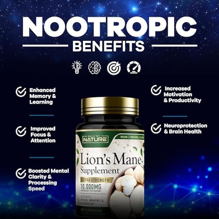 Built by Nature Lion’s Mane – Extra Strength Mushroom Supplement for Nootropic Brain Support – Focus, Memory and Cognitive Function – Non-GMO, Gluten-Free, Vegan - 60 Capsules - Image 3