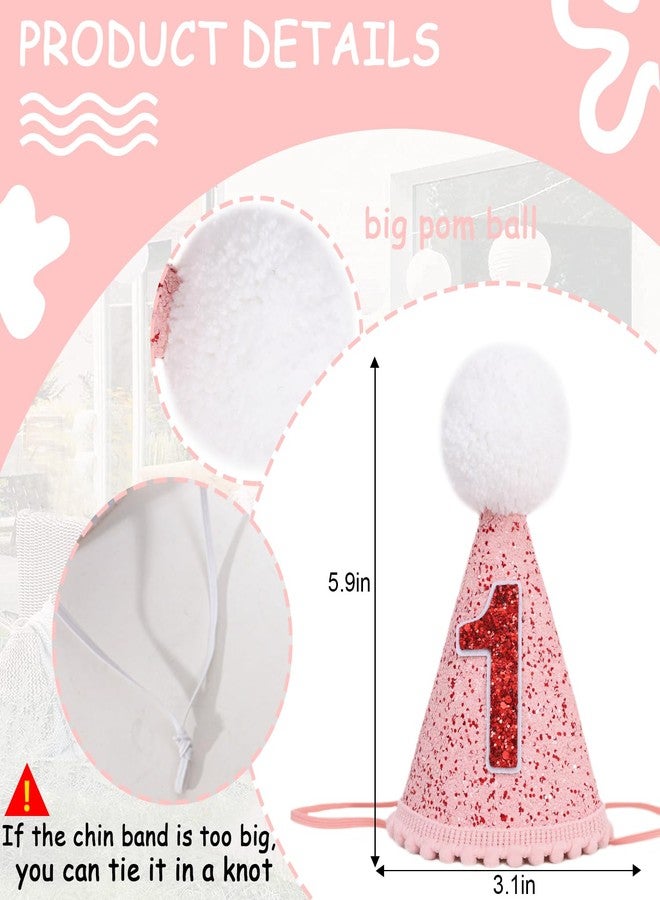 YOUAME First Birthday Cone Hat- Valentine Birthday Party Hats, Girls 1st Year Outfit, Princess Cake Smash Photo Props, Sweetheart Red And Pink Hat Decorations - Image 2