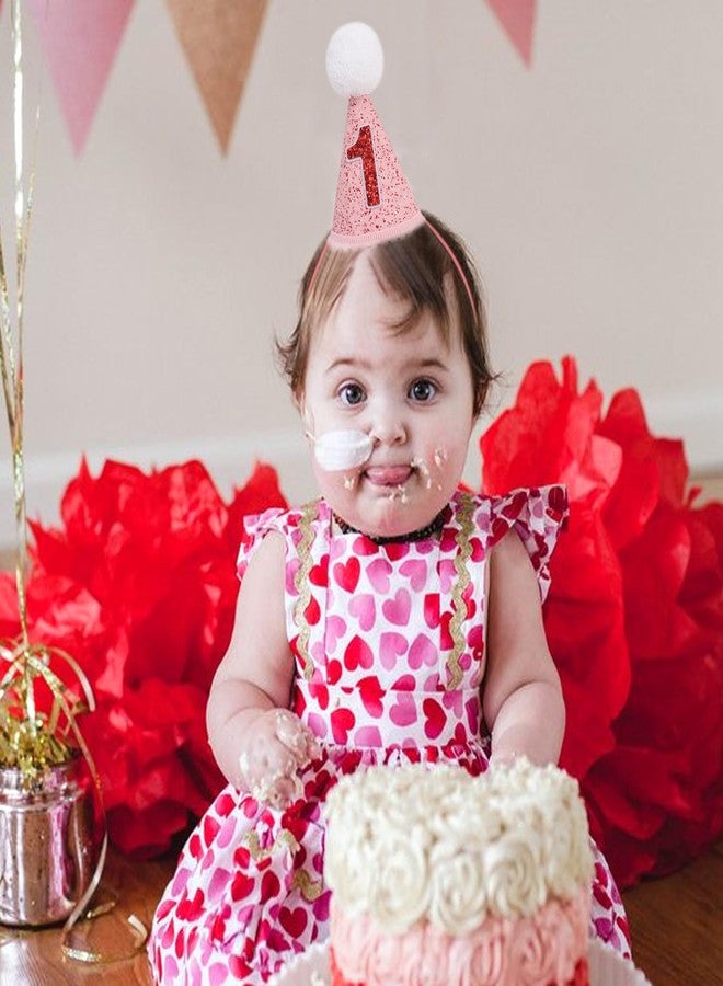 YOUAME First Birthday Cone Hat- Valentine Birthday Party Hats, Girls 1st Year Outfit, Princess Cake Smash Photo Props, Sweetheart Red And Pink Hat Decorations - Image 3
