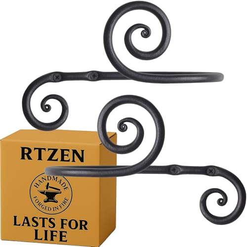 RTZEN مشابك ستائر معدنية زخرفية - مشابك ستائر حديدية مزخرفة بأسلوب المزرعة - حوامل ستائر للجدران - مشابك معدنية فريدة للستائر - 2 قطعة (أسود متعرج) - Image 1