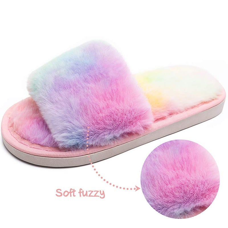 techcity Boys Girls Fuzzy House Slippers Cute Comfy Faux Fur Slip On Fluffy Plush Open Toe Home Slides for Kids Indoor Outdoor Warm Shoes (Rainbow, numeric_13_point_5) - Image 4