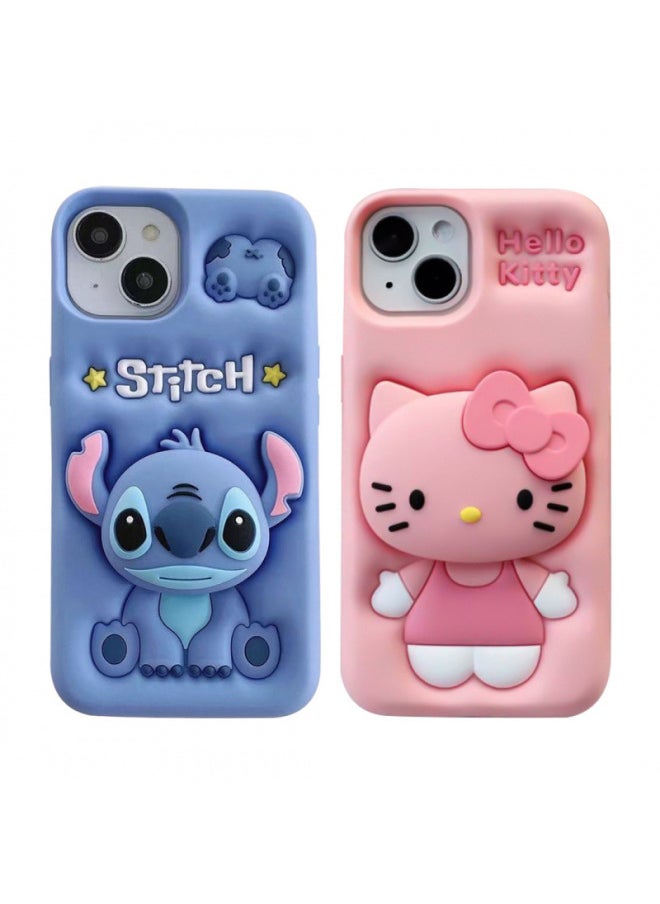 For IPhone16ProMax Phone Case Cartoon Silicone Still13 Telescopic Bracket KT Case 15 Apple 11-Color:Stitch-Applicable Models:iPhone14