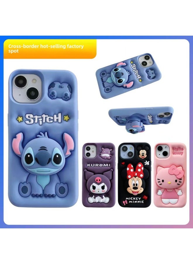 For IPhone16ProMax Phone Case Cartoon Silicone Still13 Telescopic Bracket KT Case 15 Apple 11-Color:Stitch-Applicable Models:iPhone14