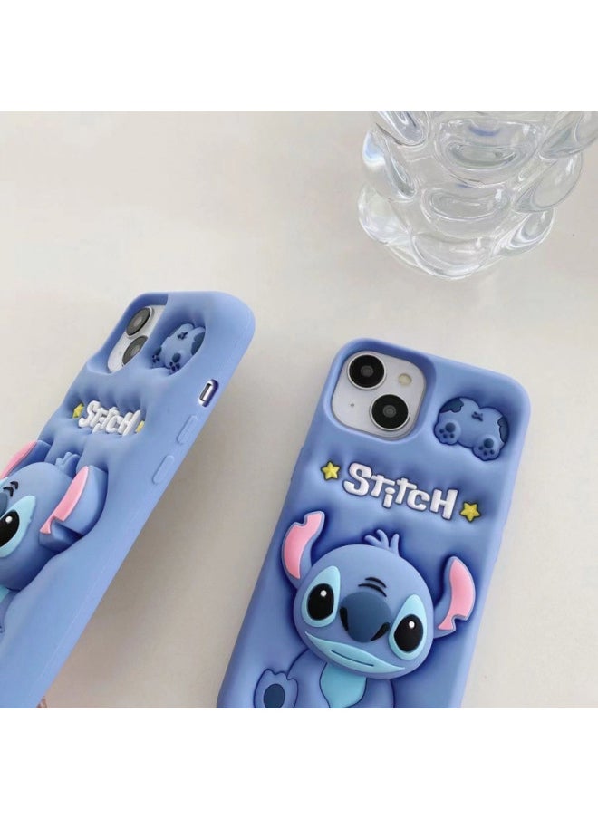 For IPhone16ProMax Phone Case Cartoon Silicone Still13 Telescopic Bracket KT Case 15 Apple 11-Color:Stitch-Applicable Models:iPhone14