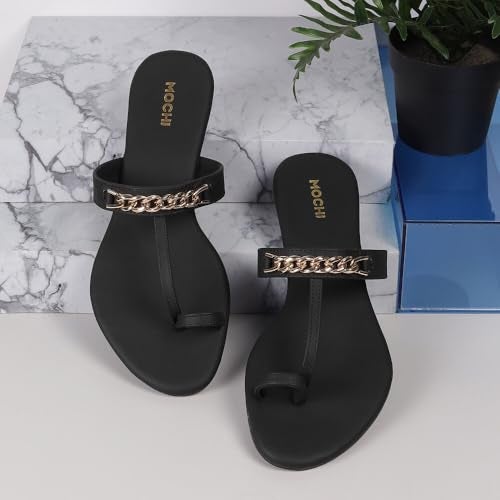 Mochi Women Black Synthetic Chain Embellished Casual Slippers UK/6 EU/39 (32-1062) - Image 2
