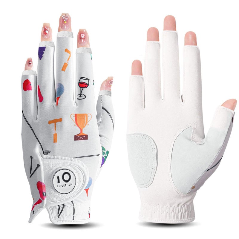 FINGER TEN Stylish Golf Gloves Women with Ball Marker 1 Pack for Left or Right Hand, Breathable Glove with Fashion Patterns for Ladies Right Left Handed Golfer (Half-Golf Party, Small, Left) - Image 1