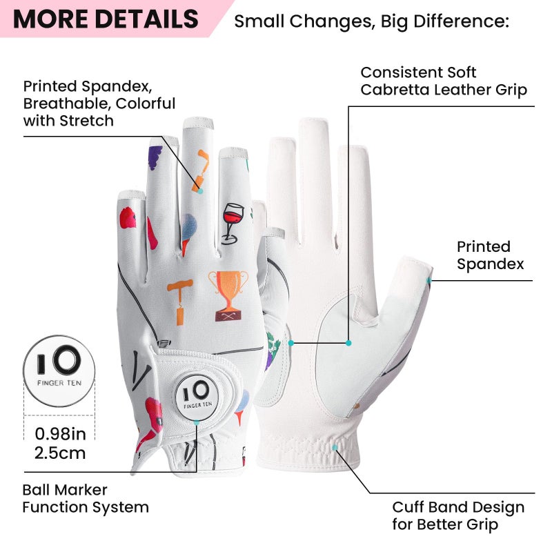 FINGER TEN Stylish Golf Gloves Women with Ball Marker 1 Pack for Left or Right Hand, Breathable Glove with Fashion Patterns for Ladies Right Left Handed Golfer (Half-Golf Party, Small, Left) - Image 2