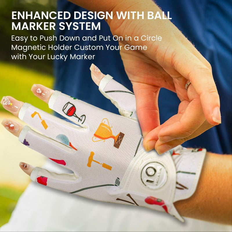 FINGER TEN Stylish Golf Gloves Women with Ball Marker 1 Pack for Left or Right Hand, Breathable Glove with Fashion Patterns for Ladies Right Left Handed Golfer (Half-Golf Party, Small, Left) - Image 4