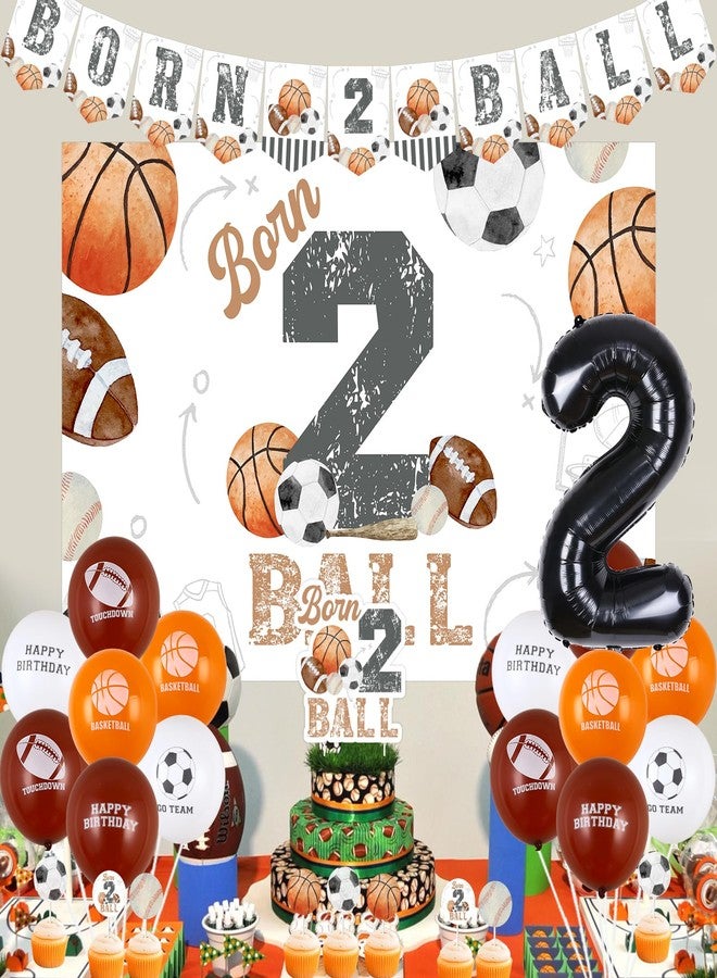Balterever Sports Theme 2nd Birthday Decoration Born 2 Ball Birthday Decorations with Banner Backdrop Cake Cupcake Toppers Balloons for 2nd Bday Party Supplies - Image 2