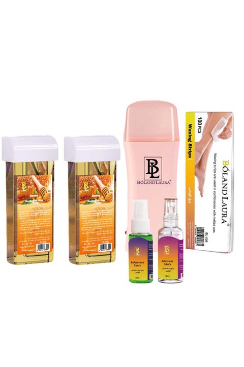 مجموعة إزالة الشعر الفاخرة من BOLAND LAURA – شمع العسل مع جهاز التسخين + 100 شريط إزالة + بخاخ قبل الشمع + بخاخ بعد الشمع