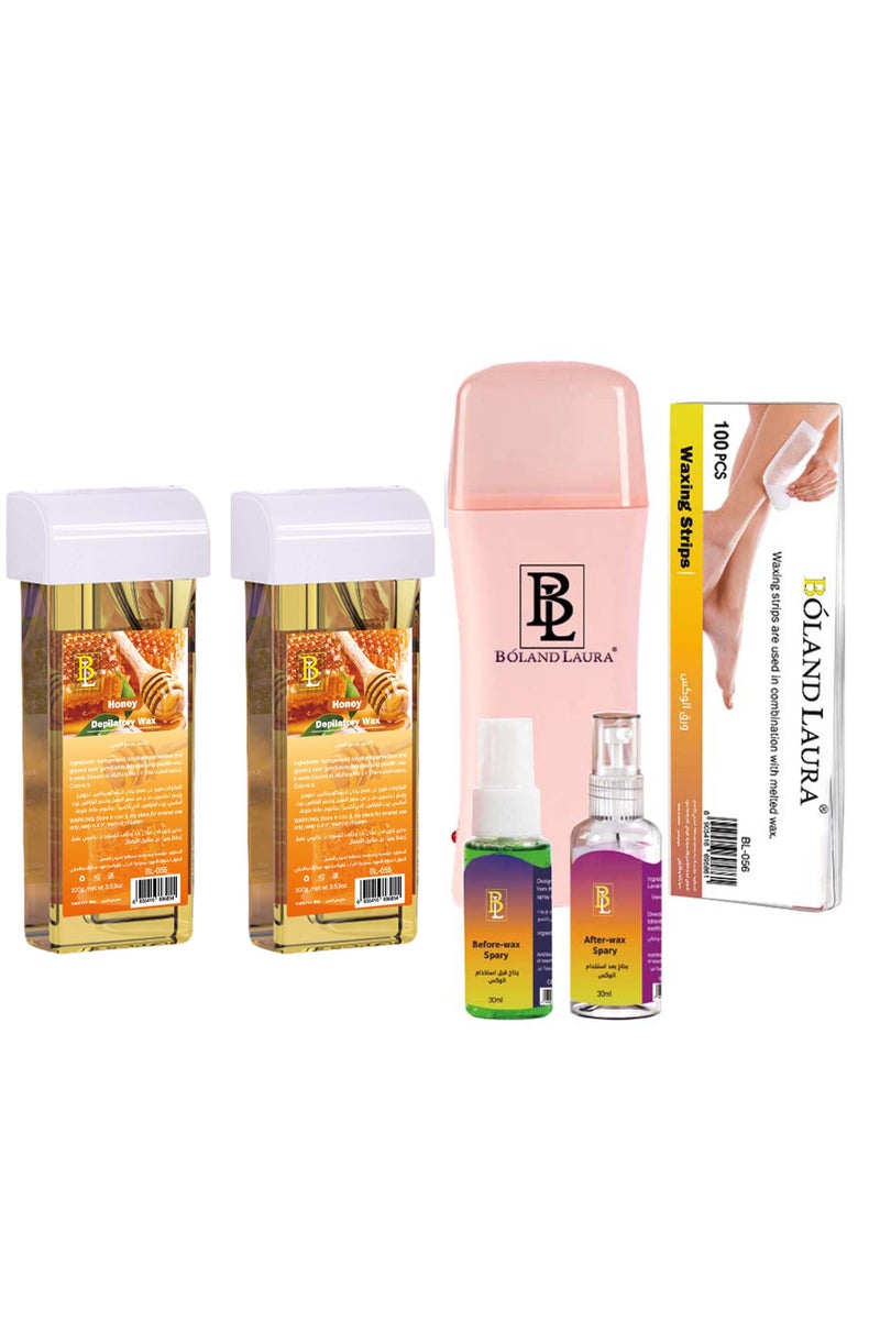 BOLAND LAURA Hair removal kit includes a heating device, 2 wax rolls, pre- and post-hair removal spray, and 100 wax strips. - Image 1
