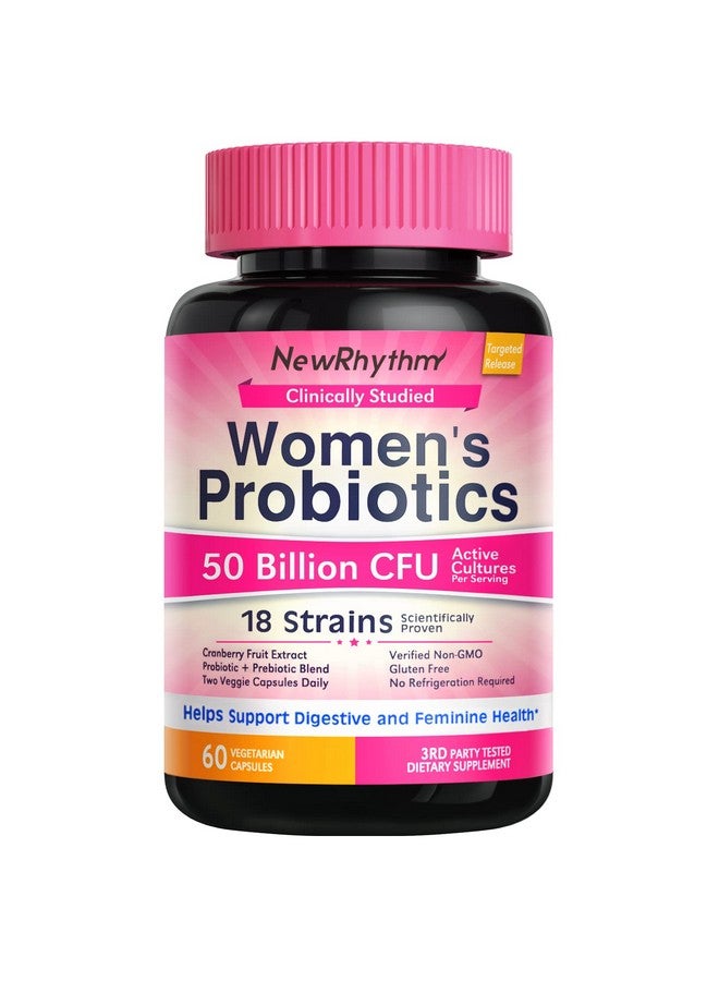 NewRhythm Women'S Probiotics Organic Cranberry For Feminine Health 50 Billion Cfu 18 Strains Probiotics With Prebiotics No Refrigeration Needed Nongmo No Soy 60 Vegan Capsules No Dairy - Image 1