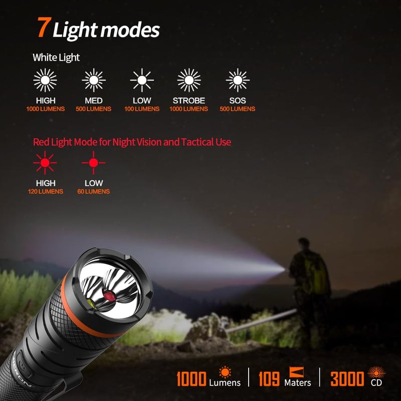 NICRON B75T LED Tactical Flashlight with Red White Dual Light, 90 Degree Rotating Head, Magnetic Base, Pocket Clip for Night Hunting, Camping, Emergency, Night Vision - Image 2