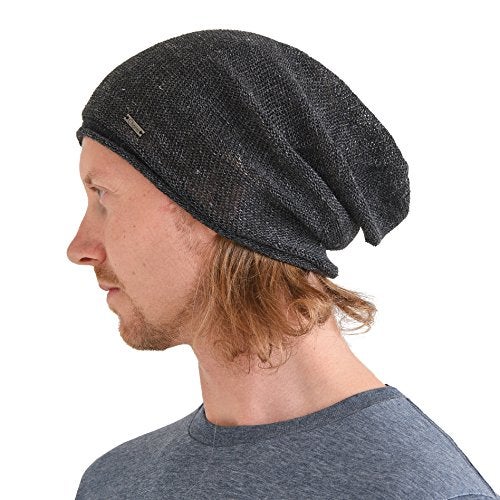 CHARM Linen Beanie Hat for Summer - Mens Slouchy Beanie Womens Baggy Knit Cap Cooling Hat Black - Image 1