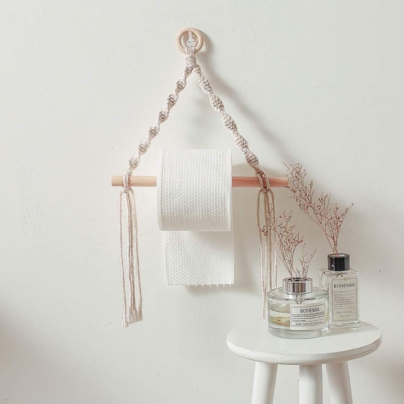 ALKAYAN Macrame Toilet Paper Holder with Wooden Rod, Boho Bathroom Decor, Cotton Rope... - Image 1