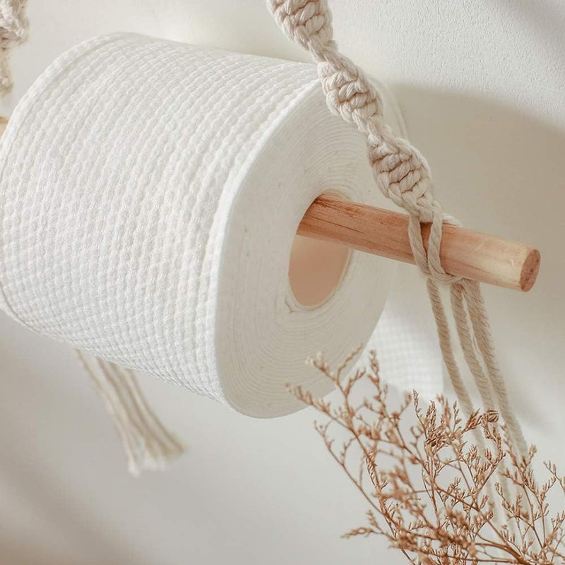 ALKAYAN Macrame Toilet Paper Holder with Wooden Rod, Boho Bathroom Decor, Cotton Rope... - Image 3