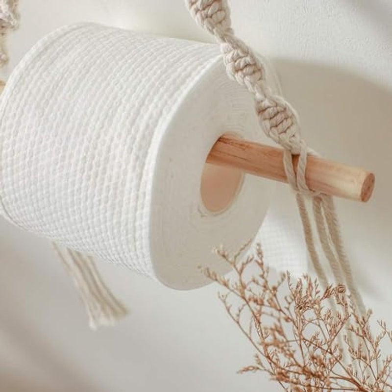ALKAYAN Macrame Toilet Paper Holder with Wooden Rod, Boho Bathroom Decor, Cotton Rope... - Image 4