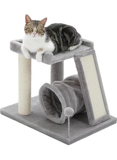 Small Cat Tree with Cat Play Tunnel, 4-in-1 Cat Tower Cat Scratching Post with Large Top Cat Perch and Scratching Board for Indoor Cats
