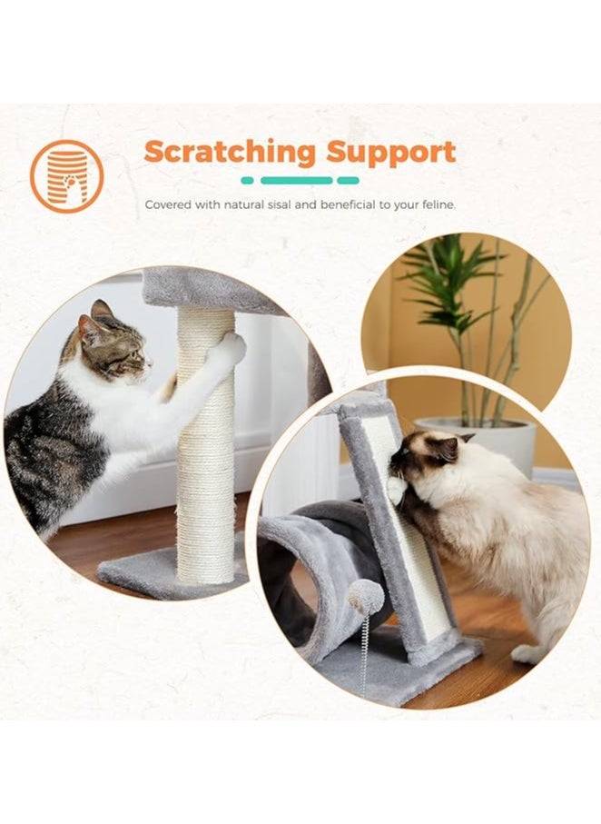 Alissa - Small Cat Tree with Cat Play Tunnel, 4-in-1 Cat Tower Cat Scratching Post with Large Top Cat Perch and Scratching Board for Indoor Cats - Image 1