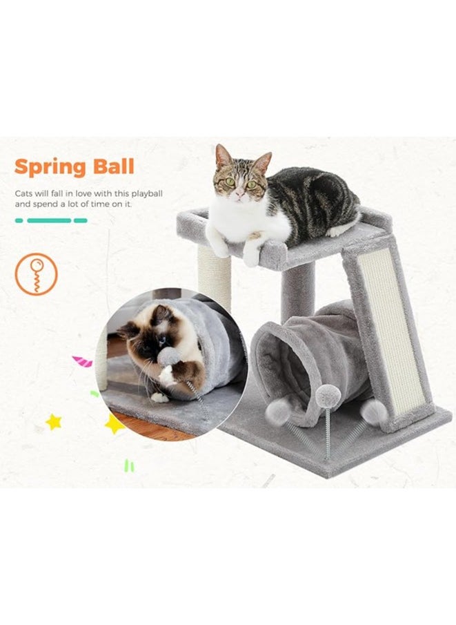 Alissa - Small Cat Tree with Cat Play Tunnel, 4-in-1 Cat Tower Cat Scratching Post with Large Top Cat Perch and Scratching Board for Indoor Cats - Image 1