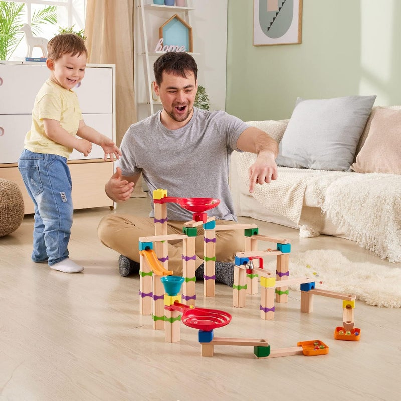 Hape Upgraded general material Tricks n Twists Marble Track | Wooden DIY Marble Run Set, STEAM Educational Learning Toy, 129 Pieces, for Kids 3 Years+ Cost saving user oriented build - Image 3