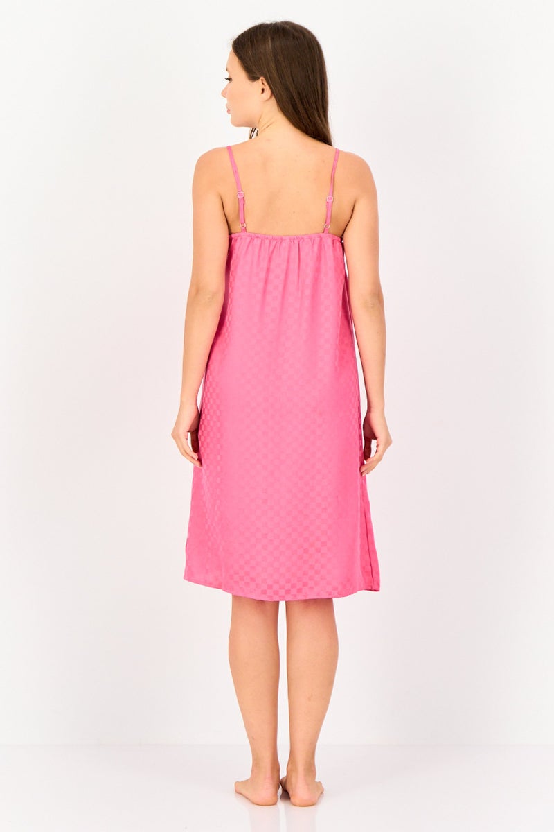 zivame Women V Neck Checkered Sleeping Dress, Bright Pink - Image 4