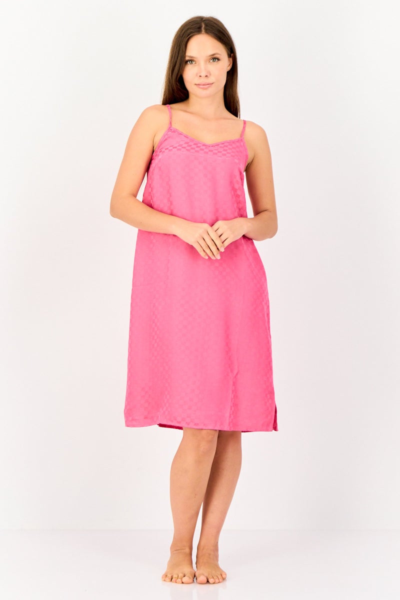 zivame Women V Neck Checkered Sleeping Dress, Bright Pink - Image 2