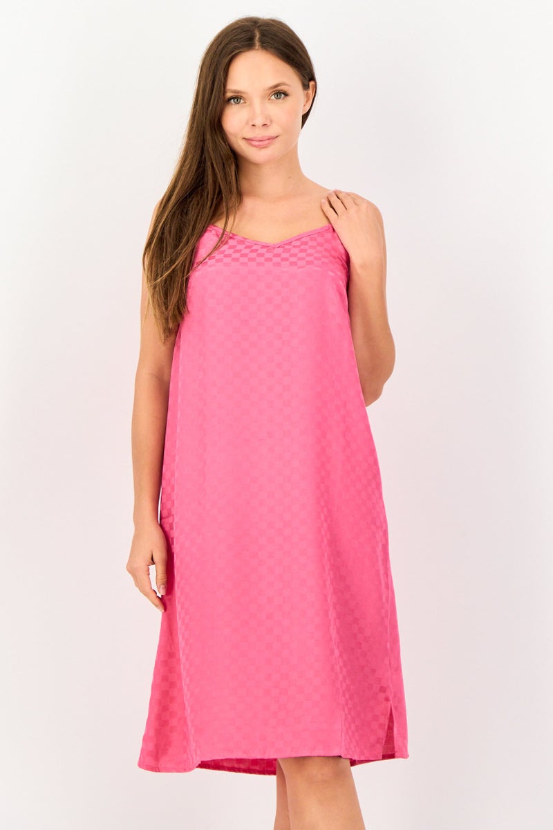 zivame Women V Neck Checkered Sleeping Dress, Bright Pink - Image 1