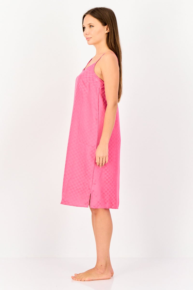zivame Women V Neck Checkered Sleeping Dress, Bright Pink - Image 3